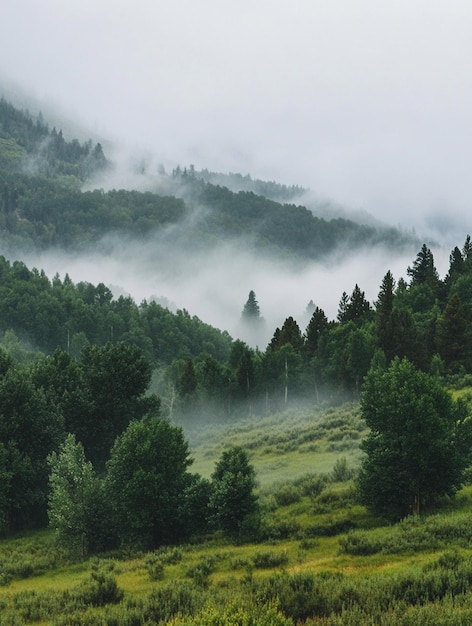 Photo serene misty mountain landscape with lush green forests