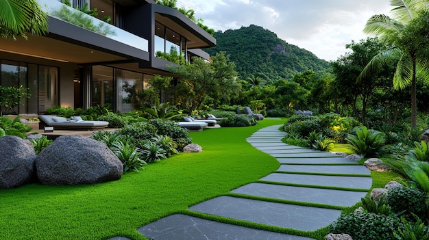 Serene Modern Garden with Elegant Pathway and Greenery