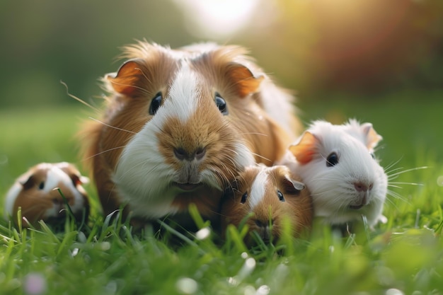 A serene moment of a guinea pig family enjoying a sunny day on lush green grass with soft background lighting