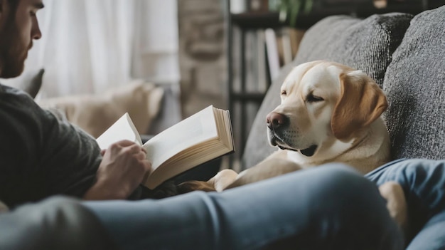 Photo serene moment man reading book on sofa near his cute labrador retriever