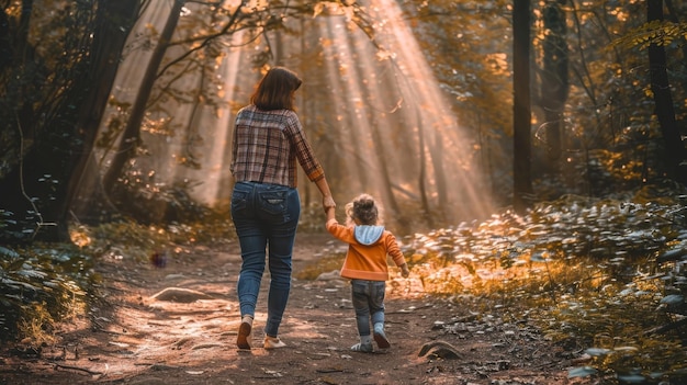 Serene moment mother and daughter hiking in forest with gentle sunlight filtering through trees