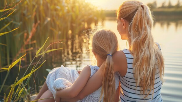 Serene moment mother and daughter watching sunset by lake on rock with soft warm glow