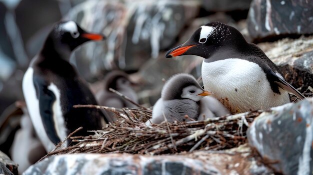 Photo a serene moment in nature with a mother penguin caring for her fluffy chick in a cozy nest the backdrop shows rocky terrain adding to the wild beauty of the environment ai