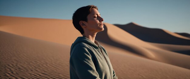 Photo serene moment of a person standing still eyes closed embracing desert tranquility