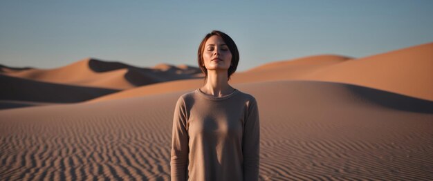 Photo serene moment of a person standing still eyes closed embracing desert tranquility