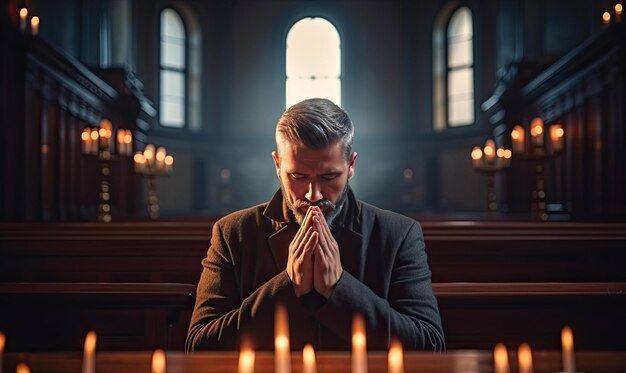 A Serene Moment of Prayer in a Candlelit Church