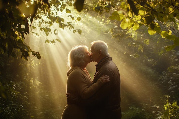 A serene moment shared by an elderly couple in a forest Their love shines bright in the sunlit surroundings An image celebrating enduring love and connection Generative AI