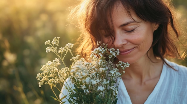 A serene moment of a woman enjoying wildflowers in a sunlit meadow during late afternoon