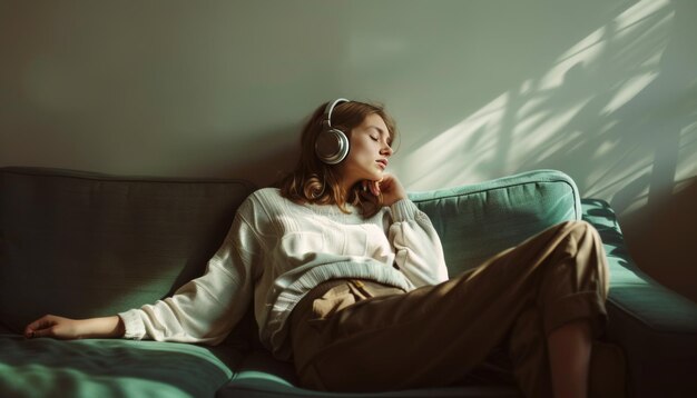 Photo serene moment of a woman lounging on her sofa immersed in music with headphones captured