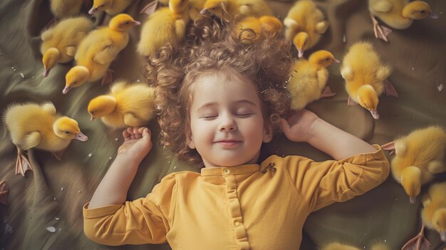 Photo a serene moment of a young child lying contentedly surrounded by ducklings capturing a pure and innocent connection with nature