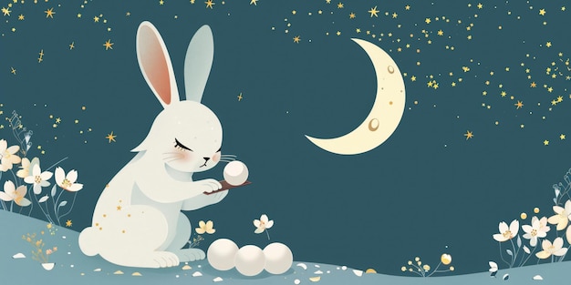 A serene moon rabbit focused on mochi making set against a backdrop of a tranquil star filled Japanese night