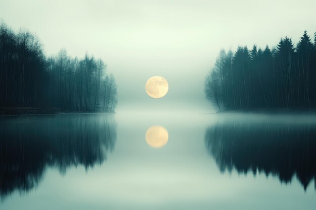 Photo a serene moonlight shimmer reflects on a calm lake surrounded by mystical trees at dusk