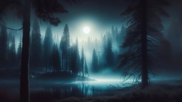 A Serene Moonlit Forest with Trees and Glistening Water