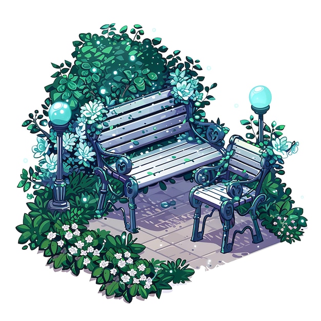 Serene Moonlit Garden Bench Set Showcasing Soothing Silver a Illustration Furniture Game Assets