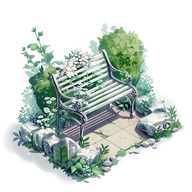 Serene Moonlit Garden Bench Set Showcasing Soothing Silver a Illustration Furniture Game Assets