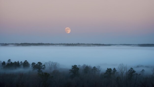 Photo a serene moonlit landscape with fog enveloping a tranquil scene