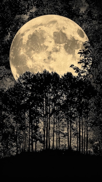 Photo a serene moonlit night scene features ink silhouetted trees against large luminous moon tranquil atmosphere evokes sense of calm and wonder