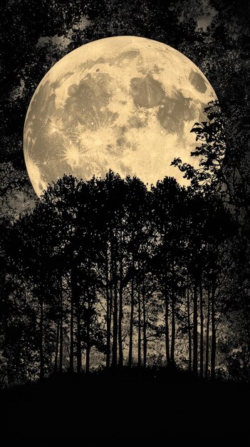 Photo a serene moonlit night scene features ink silhouetted trees against large luminous moon tranquil atmosphere evokes sense of calm and wonder