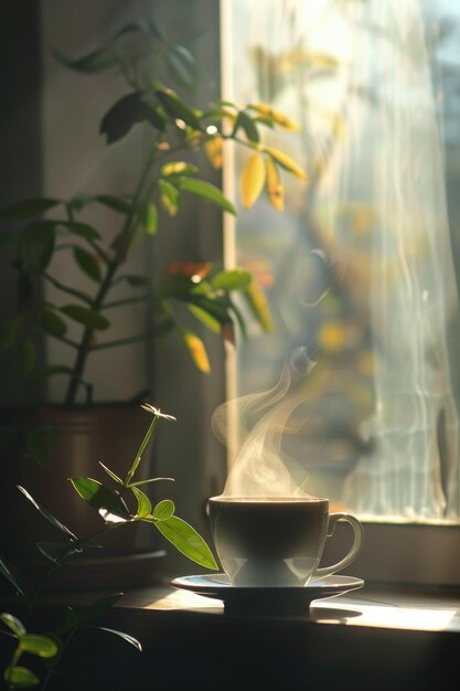 Photo serene morning coffee by sunny window in cozy setting