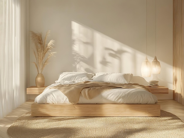 Serene Morning A Cozy and Minimalist Bedroom Bathed in Warm Sunlight