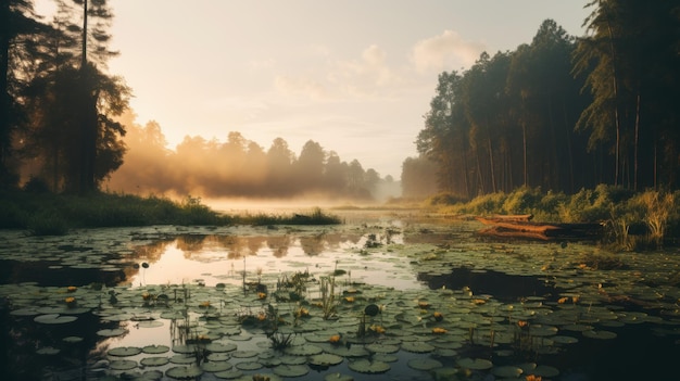 Serene Morning Lake With Lily Pads Atmospheric Woodland Imagery