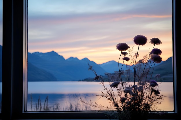 Photo serene morning lakeside view from a window a glimpse of natures calmness and beauty at dawn