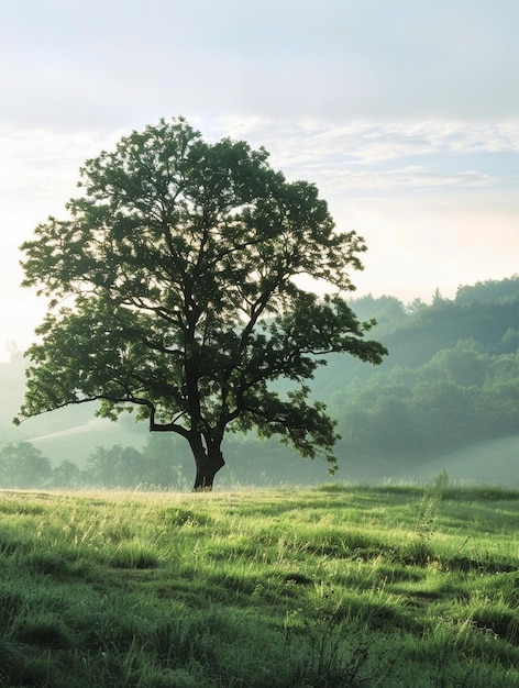 Serene Morning Landscape with Lone Tree in Misty Meadow