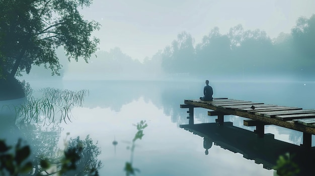 Photo serene morning meditation by a misty lake