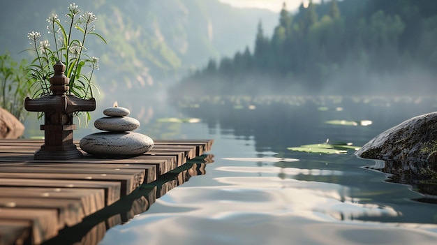 Photo serene morning meditation by a misty lake