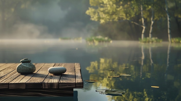 Photo serene morning meditation by a misty lake