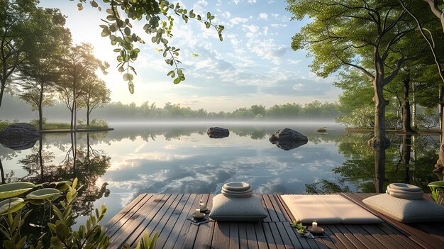 Photo serene morning meditation by a misty lake