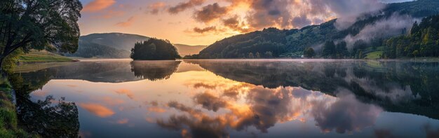 Serene Morning Mist and Reflections on a Mountain Lake