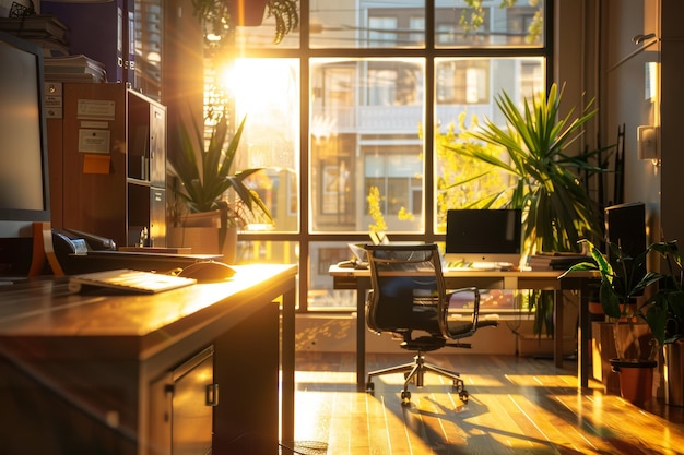 Serene Morning in a Modern Real Estate Office Sunlit Workspace Design for Posters and Prints