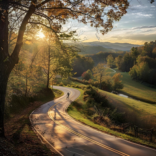 Photo serene morning ride embracing natures beauty on a tranquil cycling adventure amidst rolling hills