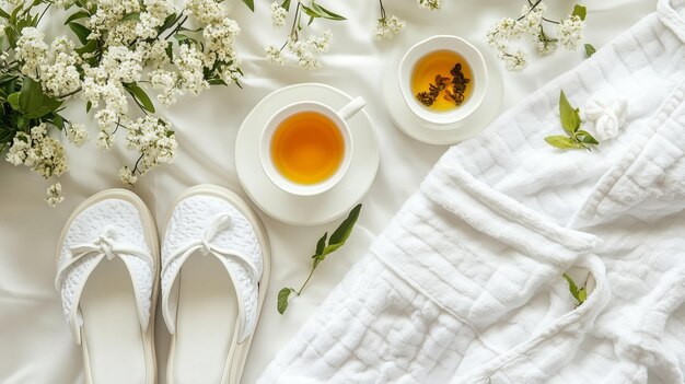 A serene morning ritual with herbal tea soft slippers and delicate flowers on a cozy white bedspread