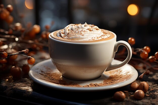 Serene morning scene coffee milk foam and bokeh create a harmonious blend