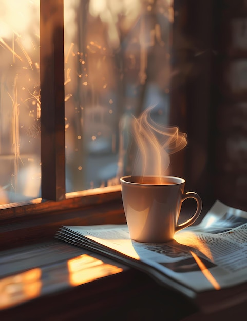 a serene morning scene A steaming cup of coffee rests on folded newspapers by a window