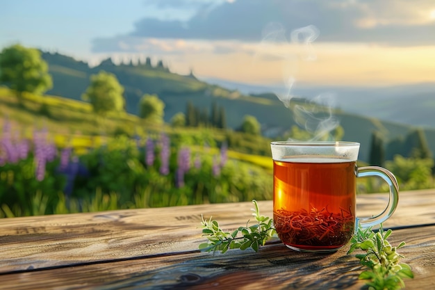 Serene Morning Scenery with Steaming Cup of Tea on Rustic Wooden Table Overlooking Sunlit Hills and