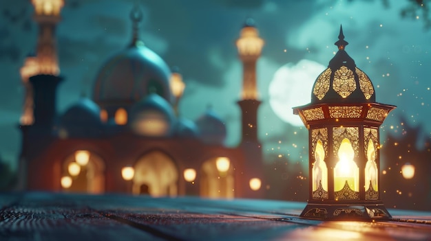 Photo serene mosque background with beautiful glowing lantern in realistic ramadan kareem greeting photo