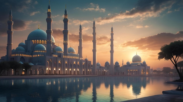 Serene Mosque Reflecting in Water at Sunset