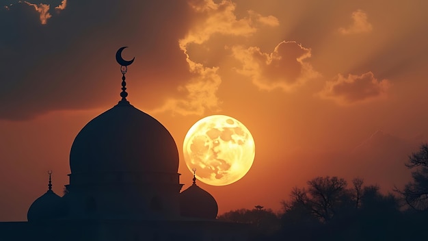 A serene mosque silhouette framed by the setting sun symbolizing peace faith and spiritual reflection The warm glow enhances the beauty of Islamic architecture perfect for themes of religion