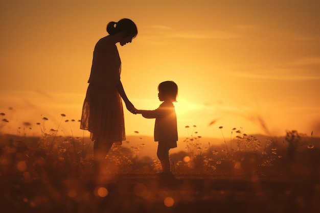 Serene Mother and Toddler Embrace in Sunset Silhouette Evoking Warmth and Family Bonding in Tranquil Evening Setting