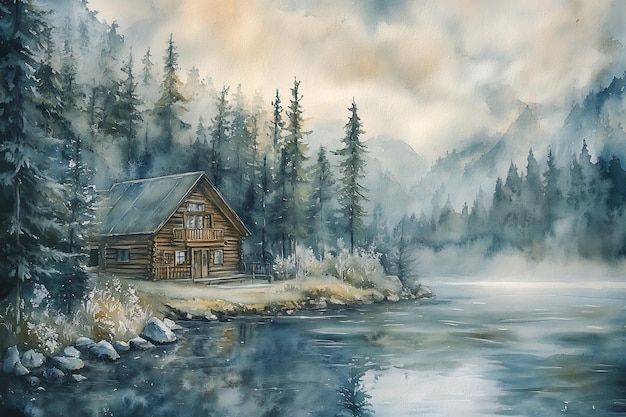 Photo serene mountain cabin by foggy river