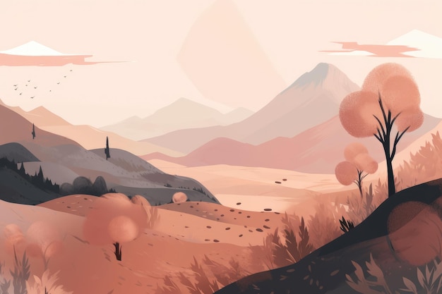 A serene mountain and hills landscape depicted in a minimalist illustration Soft and muted colors