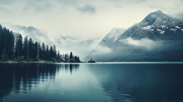 Serene Mountain Lake Cross Processed Fjord With Snowcapped Mountains