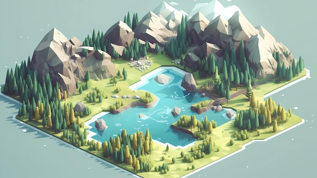 A serene mountain lake Isometric style digital art illustration