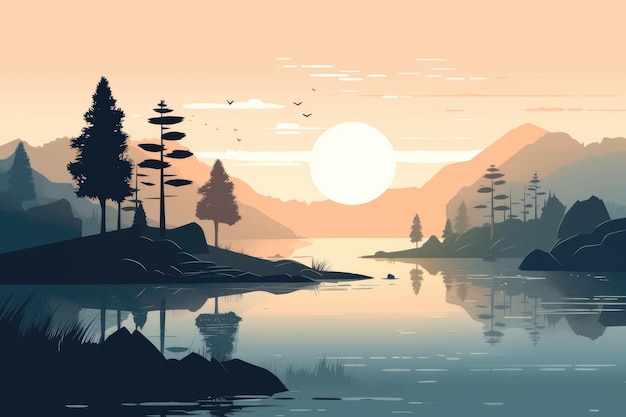 A serene mountain lake landscape depicted in a minimalist illustration Soft and muted colors