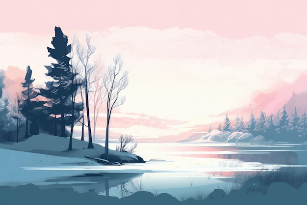 A serene mountain lake landscape depicted in a minimalist illustration Soft and muted colors