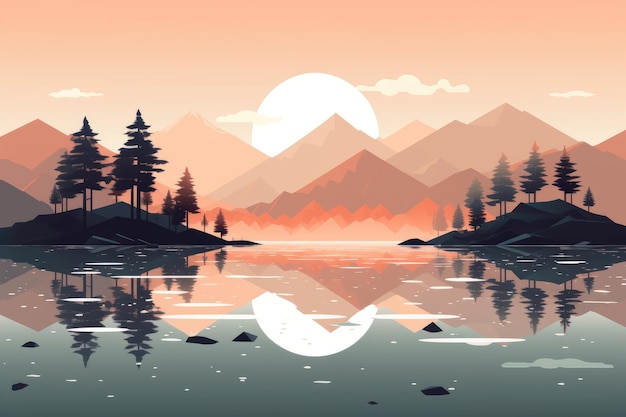 A serene mountain lake landscape depicted in a minimalist illustration Soft and muted colors