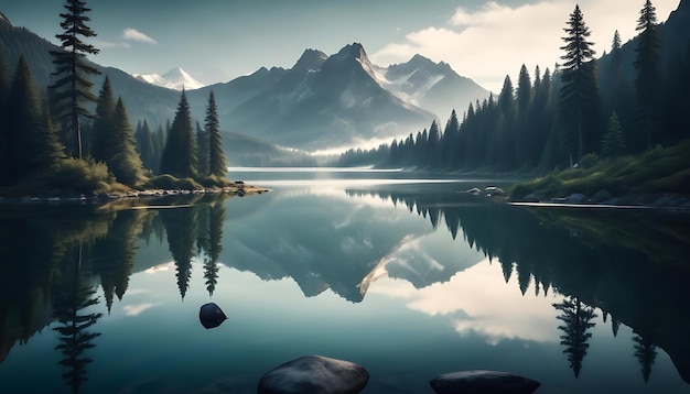 Photo a serene of mountain lake landscape with a calm lake in the background 1